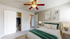 Inviting bedroom with elegant decor, featuring a cozy bed, stylish art pieces, and a spacious closet in a serene setting.