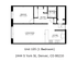 Floor plan of Unit 105 in Denver showcasing 1 bedroom, open living/dining area, kitchen, and bathroom.