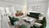 Bright and modern living room with elegant green furniture, cozy shaggy rug, and a wall-mounted TV, connected to a dining area with natural light streaming through large windows.