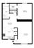 Modern floor plan featuring one spacious bedroom with a walk-in closet, a sleek kitchen, dining area, expansive living area, and a well-appointed bath.