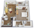 Bright and modern floor plan A1-E showcasing a spacious bedroom, cozy living room, sleek kitchen, and private balcony, ideal for comfortable living.