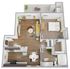 Inviting floor plan for A2-E apartment featuring a cozy bedroom, spacious living room, modern kitchen, and private patio.