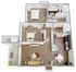 Chic 3D floor plan of apartment B2-E featuring 2 spacious bedrooms, modern kitchen, cozy living area, and inviting balcony.