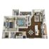 Modern 3D floor plan showcasing 2 bedrooms, inviting living room, sleek kitchen, and elegant dining area with hardwood floors.