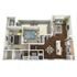 Modern 3D floor plan featuring 2 cozy bedrooms, spacious living room, and a sleek kitchen with wooden flooring.
