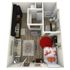 Modern studio apartment floor plan with a cozy living area, compact kitchen, and stylish bathroom, featuring elegant furnishings and vibrant decor.