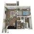 Elegant 3D floor plan showcasing a modern one-bedroom apartment with an open living area, chic kitchen, and a cozy bathroom.