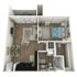 Modern 3D floor plan showcasing a cozy one-bedroom apartment with a stylish open-concept living and dining area, sleek kitchen, and elegant bathroom.