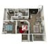 Modern 3D floor plan featuring 2 cozy bedrooms, stylish open-concept living and dining area, sleek kitchen, and spacious balcony.