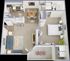 Modern 1-bedroom apartment floor plan with open living area, cozy kitchen, stylish dining space, and convenient in-unit laundry.