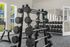 Modern gym with a variety of dumbbells and fitness equipment set against a backdrop of large windows with natural light.
