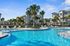 Vibrant swimming pool surrounded by lush palm trees and modern apartments, offering a serene oasis.