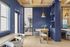 Chic modern apartment dining area with elegant blue accents, wooden finishes, and stylish pendant lighting, showcasing cozy seating and natural light.