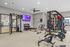 Modern fitness center featuring state-of-the-art equipment, free weights, and a vibrant wall-mounted TV for an enhanced workout experience.