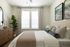 Elegant bedroom featuring a plush bed with cozy pillows, stylish wooden dresser, and large windows draped with soft curtains, creating a serene and inviting atmosphere.