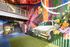 Vibrant urban art space featuring colorful graffiti with a classic car mural, lush greenery, and a chic modern staircase.