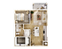 Elegant 2D floor plan showcasing 1 bedroom, luxurious open-concept living space, modern kitchen, and cozy balcony.