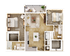 Chic 3D floor plan showcasing a stylish 2-bedroom apartment with a cozy living area, modern kitchen, and elegant balcony.