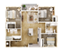 Elegant floor plan featuring three stylish bedrooms, a spacious open living area, and a modern kitchen with island, complemented by two chic bathrooms and a cozy balcony.