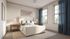 Elegant bedroom featuring a plush bed, stylish bedside tables with lamps, large windows with blue curtains, and soothing decor.