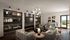 Elegant living room with modern fireplace, plush seating, and sophisticated bookshelf design, featuring scenic views through large glass doors.