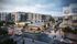 Vibrant urban complex showcasing modern apartments with bustling restaurants, stylish dining options, and lively street activity.