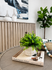 Chic living room corner featuring a stylish wooden cabinet, lush plant decor, modern art, and cozy accents, creating a serene atmosphere.