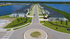 Scenic new neighborhood featuring elegant homes with manicured lawns, nestled between lush greenery and a picturesque lake.