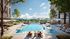 Luxurious outdoor pool area with elegant sun loungers and umbrellas, offering a scenic city view and lush landscaping.