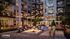 Chic courtyard scene of a modern apartment complex with cozy fire pit, ambient string lights, and lush landscaping.