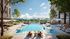 Luxurious apartment complex with a sparkling outdoor pool, stylish lounge chairs, and lush landscaping, offering a serene urban retreat with panoramic city views.