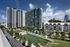 Modern high-rise apartment complex with sleek design, abundant greenery, and a serene pond, offering urban luxury living.