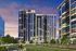 Stunning urban apartments with modern architecture, surrounded by lush green spaces and a vibrant cityscape at sunset.