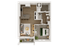 Modern floor plan depicting one-bedroom apartment with spacious kitchen, cozy living area, and private balcony.