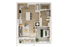 Spacious 1-bedroom luxury apartment floor plan with open kitchen and living area, modern bathroom, and private balcony.
