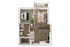 Top view of a stylish one-bedroom apartment floor plan with open living area, modern kitchen, sleek bathroom, and cozy balcony.