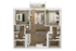 Contemporary floor plan featuring two bedrooms, spacious living room, kitchen island, and balcony.