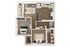 Modern floor plan of a luxury apartment featuring two bedrooms, a spacious kitchen, living area, and balcony