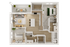 Contemporary two-bedroom apartment floor plan with open living area and outdoor balcony.