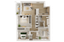 Luxury apartment floor plan featuring two bedrooms, open living room, modern kitchen, and two bathrooms with a private balcony.