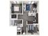 3D floor plan of a modern apartment with a bedroom, open living area, kitchen, and home office.