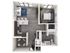 3D floor plan of a contemporary one-bedroom apartment with an open living area, kitchen, and bathroom.