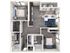 Contemporary 3D floor plan with two bedrooms, stylish living room, and modern kitchen.