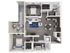 Modern 2D floor plan highlighting 2 bedrooms, open living space, and sleek kitchen with balcony access.