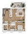 Elegant floor plan showcasing a spacious living area, modern kitchen, bedroom, and balcony.