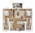 3D floor plan showcasing 2 bedrooms, elegant living room, and open kitchen with dining area.