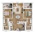Elegant 2D floor plan featuring two bedrooms, open living and dining area, modern kitchen with island, and two balconies.