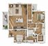 Elegant floor plan featuring 2 spacious bedrooms, an open-concept living and dining area, modern kitchen, and two bathrooms.