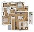 Beautiful 3D floor plan illustrating 2 bedrooms, an open kitchen, and a cozy living area with a balcony.
