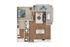 Modern floor plan showcasing a luxurious one-bedroom apartment with open-concept kitchen and living area, stylish bathroom, and inviting balcony space.